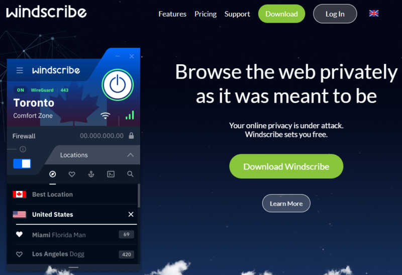 Windscribe homepage showing the call to action to download the VPN