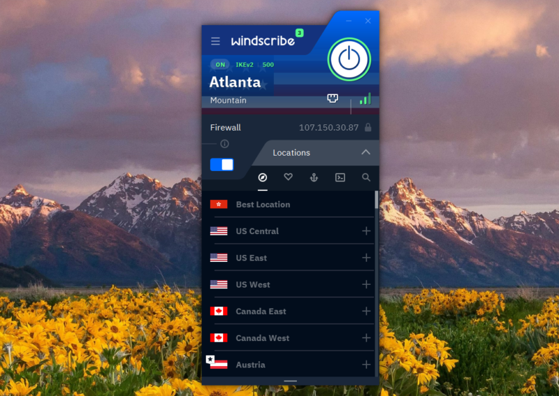 windscribe user interface showing a list of server locations