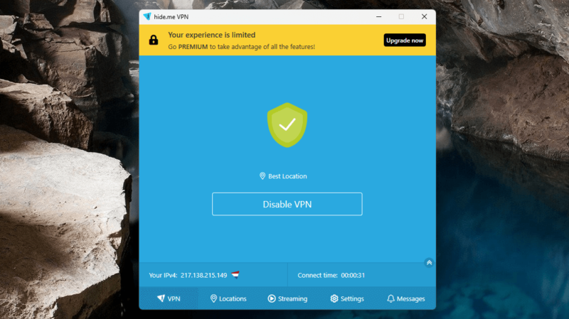hide.me VPN connected to a server