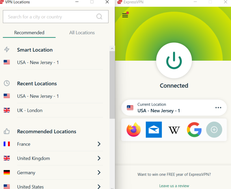 expressvpn app connected to a server in the united states