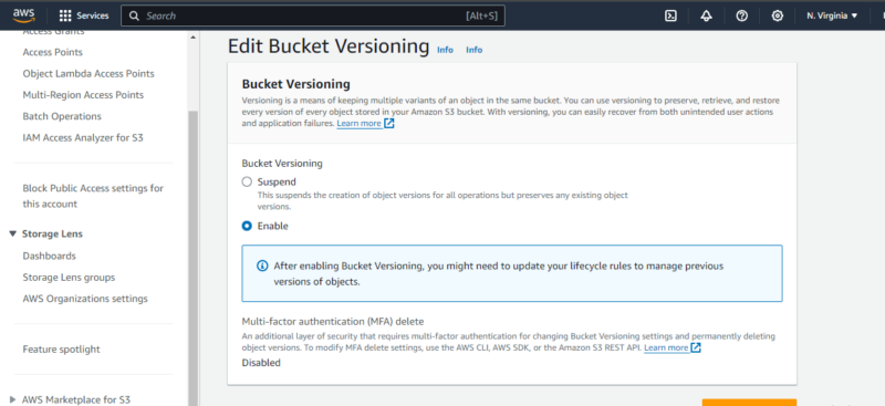 enable bucket versioning and backup