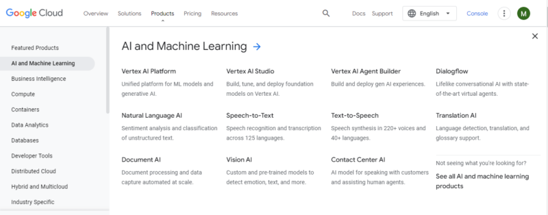 google cloud artificial intelligence and machine learning page