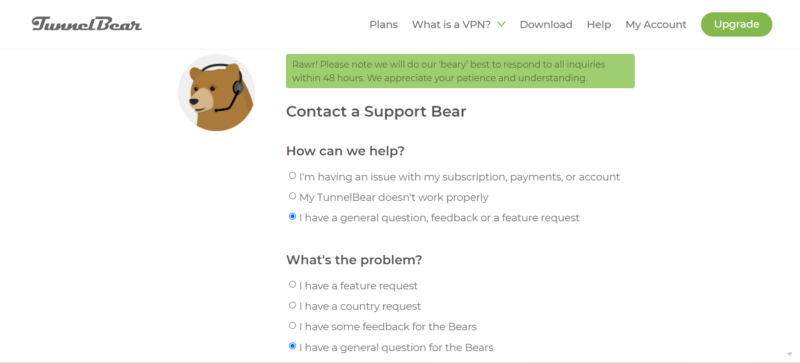 tunnelbear contact support agents