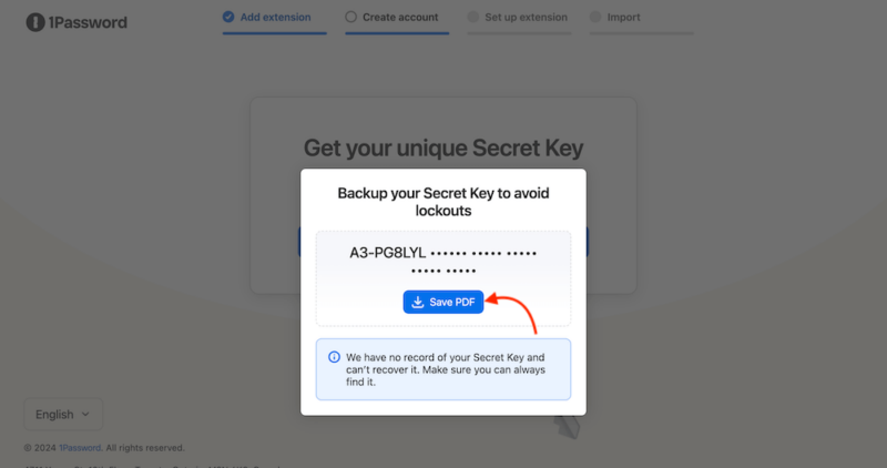 1password save secret key