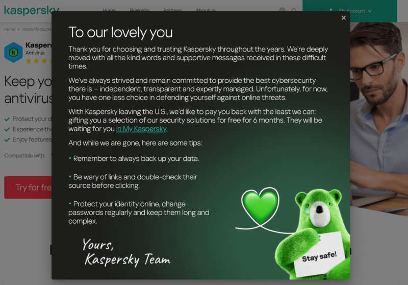 kaspersky message to US users
