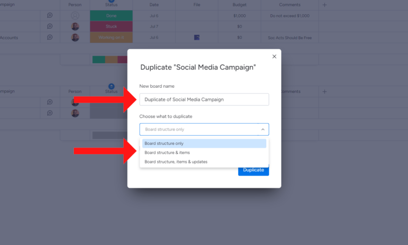 board duplicate settings