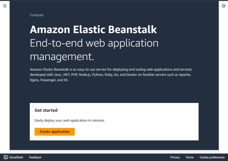 Elastic Beanstalk get started page