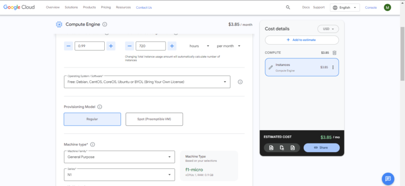 Google Cloud pricing calculator cost details