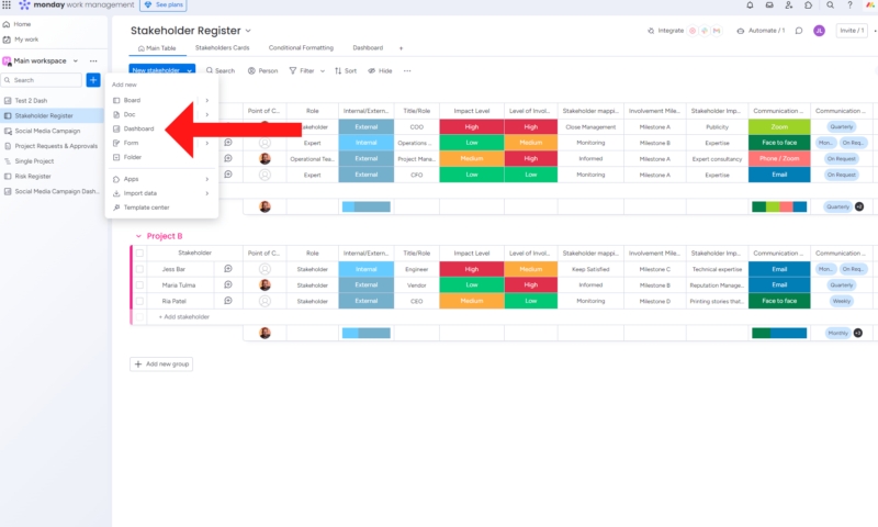 monday dashboard option