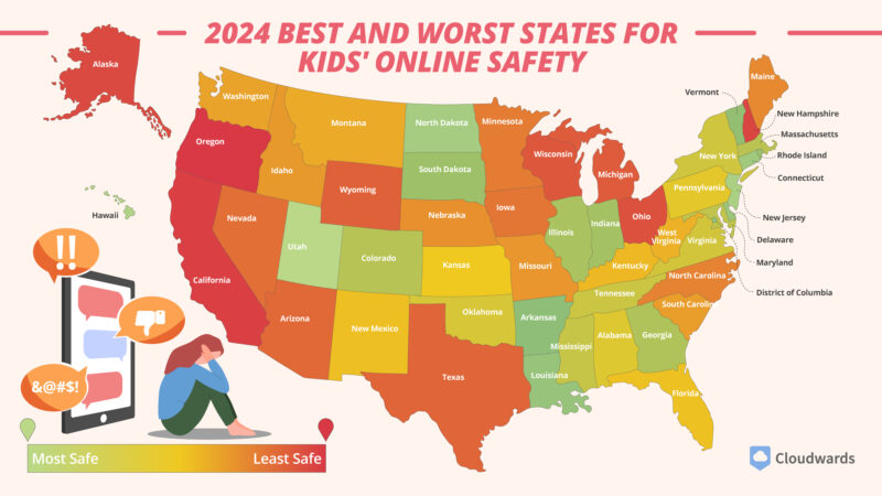 A map highlighting the best states for kids' online safety.