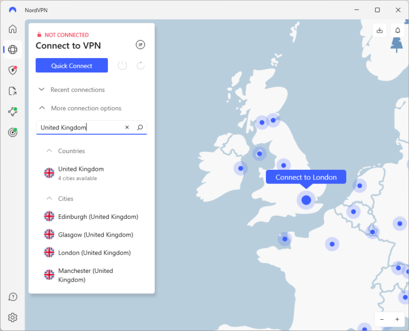 NordVPN connecting to the UK