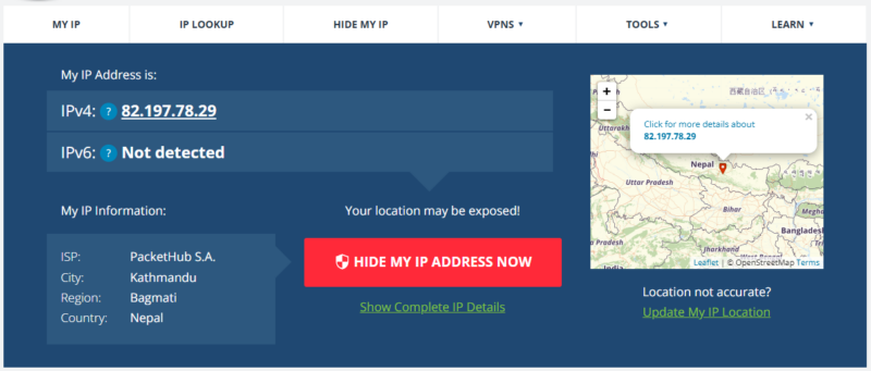 NordVPN providing a Nepalese IP address