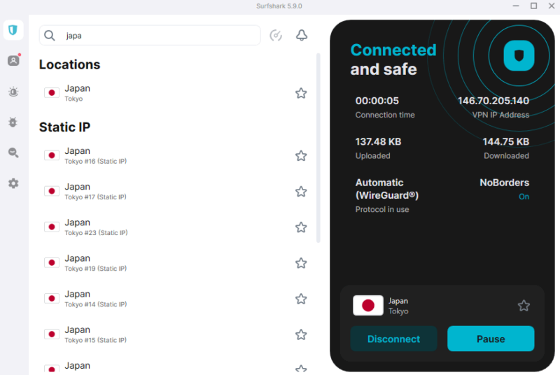 surfshark connected to japanese server